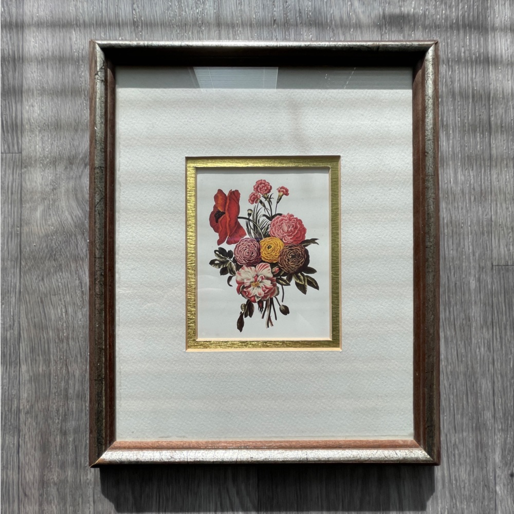 Framed Botanical Vintage Print Roses Flowers (gold and pink)